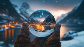 A person holding a glass ball with a mountain in the background photo