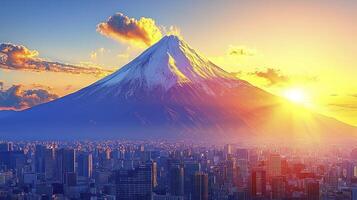 The sun rises over a city with a mountain in the background photo