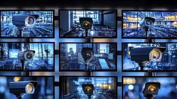 A series of surveillance cameras are shown on a screen photo