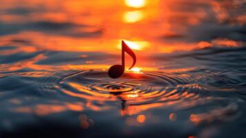 A musical note floating in the water with a sunset in the background photo