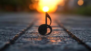 A music note is sitting on the ground in front of the sun photo