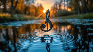 A musical note floating in water with the sun setting behind it photo