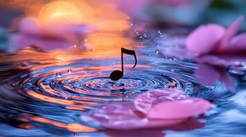 Music notes floating in water with pink flowers photo