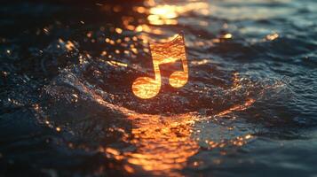 Music note floating in water with sunset photo