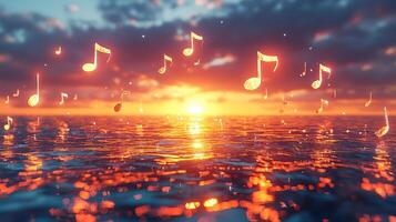 Music notes floating in the ocean at sunset photo