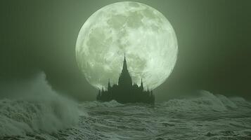 A castle in the ocean with a full moon photo