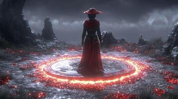 A woman in a red dress standing in front of a circle of fire photo