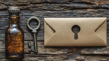 A bottle, envelope and key are on a wooden table photo