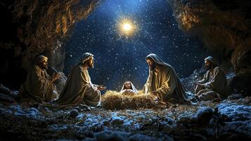 Three men in a manger with a star above them photo