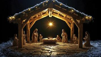 A nativity scene with a manger and jesus in the middle photo
