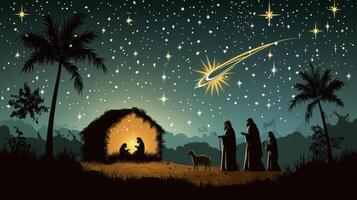Christmas nativity scene with three wise men and a star photo