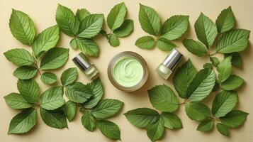 Green leaves and a jar of green cream photo