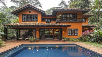 A large house with a pool and a patio photo