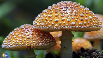 A group of mushrooms with white spots on them photo