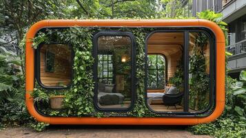 A small house with plants growing out of the walls photo