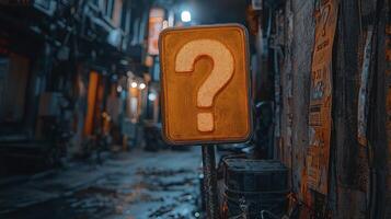 A street sign with a question mark on it in an alley photo