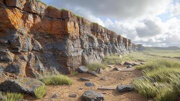 A rocky cliff with grass and rocks photo