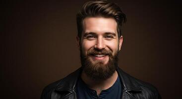 A man with a beard and a leather jacket photo