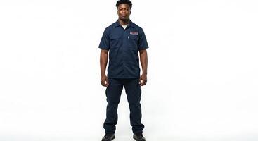 A man in a blue work uniform standing photo