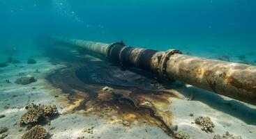 A pipe that is underwater with algae and coral photo