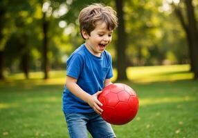 A young boy is playing with a red ball photo