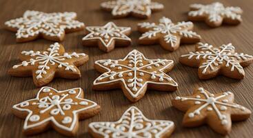 A bunch of ginger cookies with white icing on them photo
