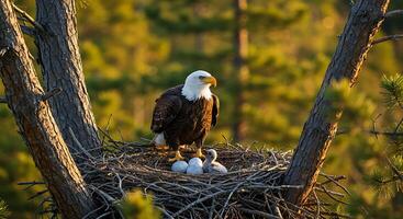 A bald eagle with its young in a nest photo