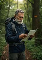 A man with a beard and backpack is looking at a map photo