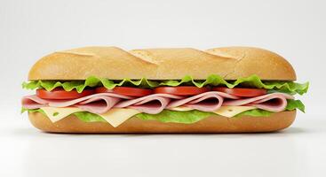 A sandwich with ham, cheese, lettuce, tomato, and pickles photo