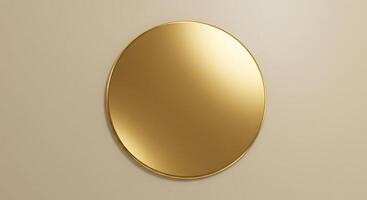 A gold oval mirror on a beige wall photo