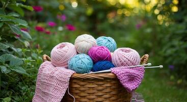 A basket with yarn and knitting needles on a grassy field photo