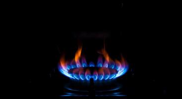 A gas stove with blue flames on a black background photo