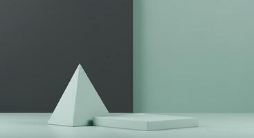 A green and blue background with a triangle and a box photo