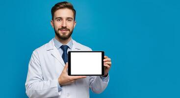 A man in a white coat holding up a tablet computer photo