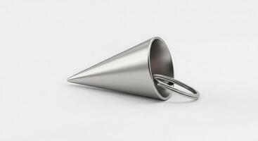 A silver cone shaped ring sitting on top of a white surface photo