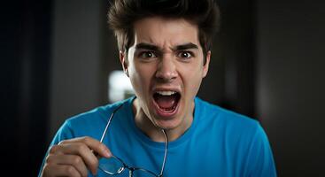A man with glasses and a blue shirt is making a face photo