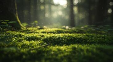 A green forest with sunlight shining through the trees photo