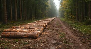 A long line of logs in the woods photo