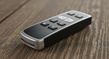 A remote control sitting on top of a wooden table photo