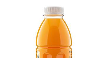 Orange juice bottle with lid on white background photo
