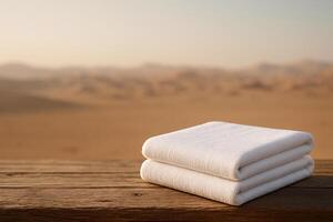 a stack of towels on a wooden table photo