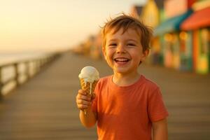 a young boy holding an ice cream cone on a boardwalk photo