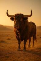 a bull standing in the desert at sunset photo