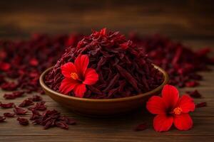 Dry hibiscus tea with flowers on plate photo