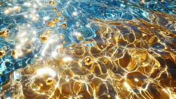 Reflective water surface displaying golden and blue hues under sunlight creates a mesmerizing scene photo
