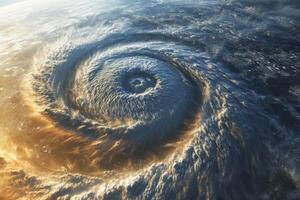 Vast cyclone forms over ocean, revealing powerful spiral pattern and surrounding weather phenomena photo