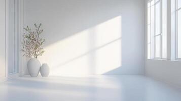 Light-filled modern interior with white walls and simple decor showcases tranquility and elegance in an open space photo