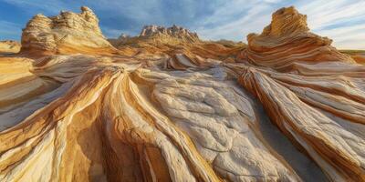 Unique rock formations at sunset in a desert landscape showcasing intricate layers and vibrant colors photo