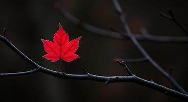 A red maple leaf sits on a branch photo