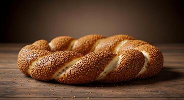 A bread bun on a wooden table photo